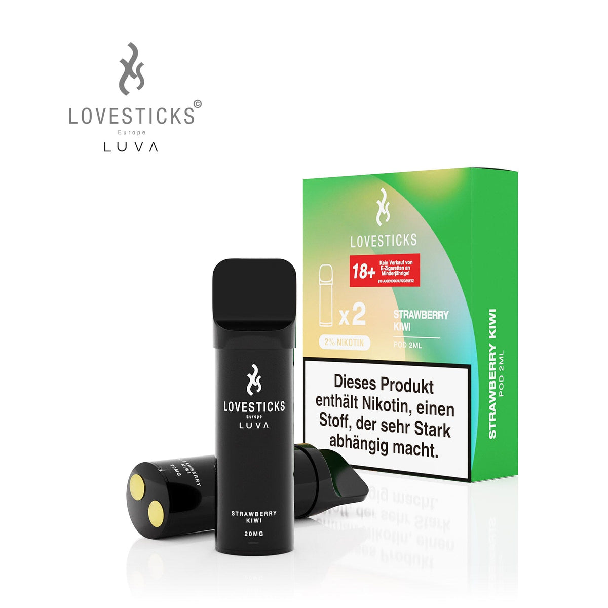 LUVA Pod Strawberry Kiwi, 2 vorbefüllte Pods à 2 ml mit 20 mg/ml Nikotinsalz, Pods neben Verpackung