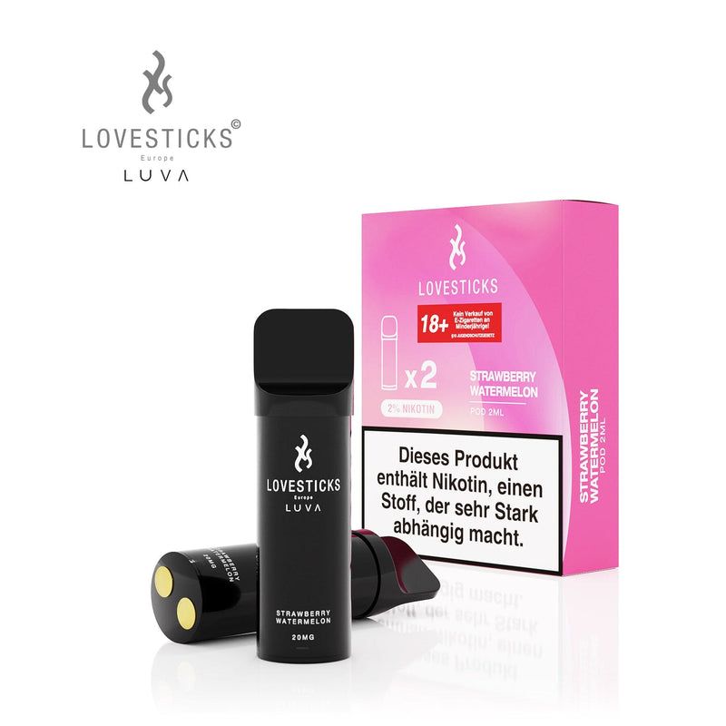 LUVA Pod Strawberry Watermelon, 2 vorbefüllte Pods à 2 ml mit 20 mg/ml Nikotinsalz, Pods neben Verpackung
