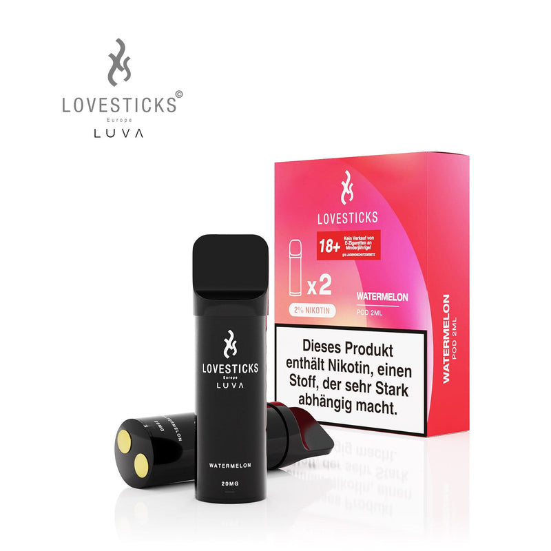 LUVA Pod Watermelon, 2 vorbefüllte Pods à 2 ml mit 20 mg/ml Nikotinsalz, Pods neben Verpackung