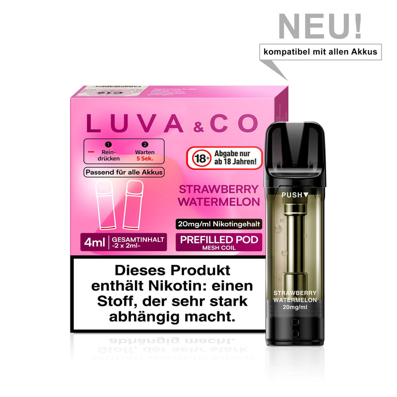 LUVA&CO Prefilled Pod Strawberry Watermelon, Packung mit 2 Pods à 2 ml, 20 mg/ml Nikotinsalz, Pod neben Verpackung