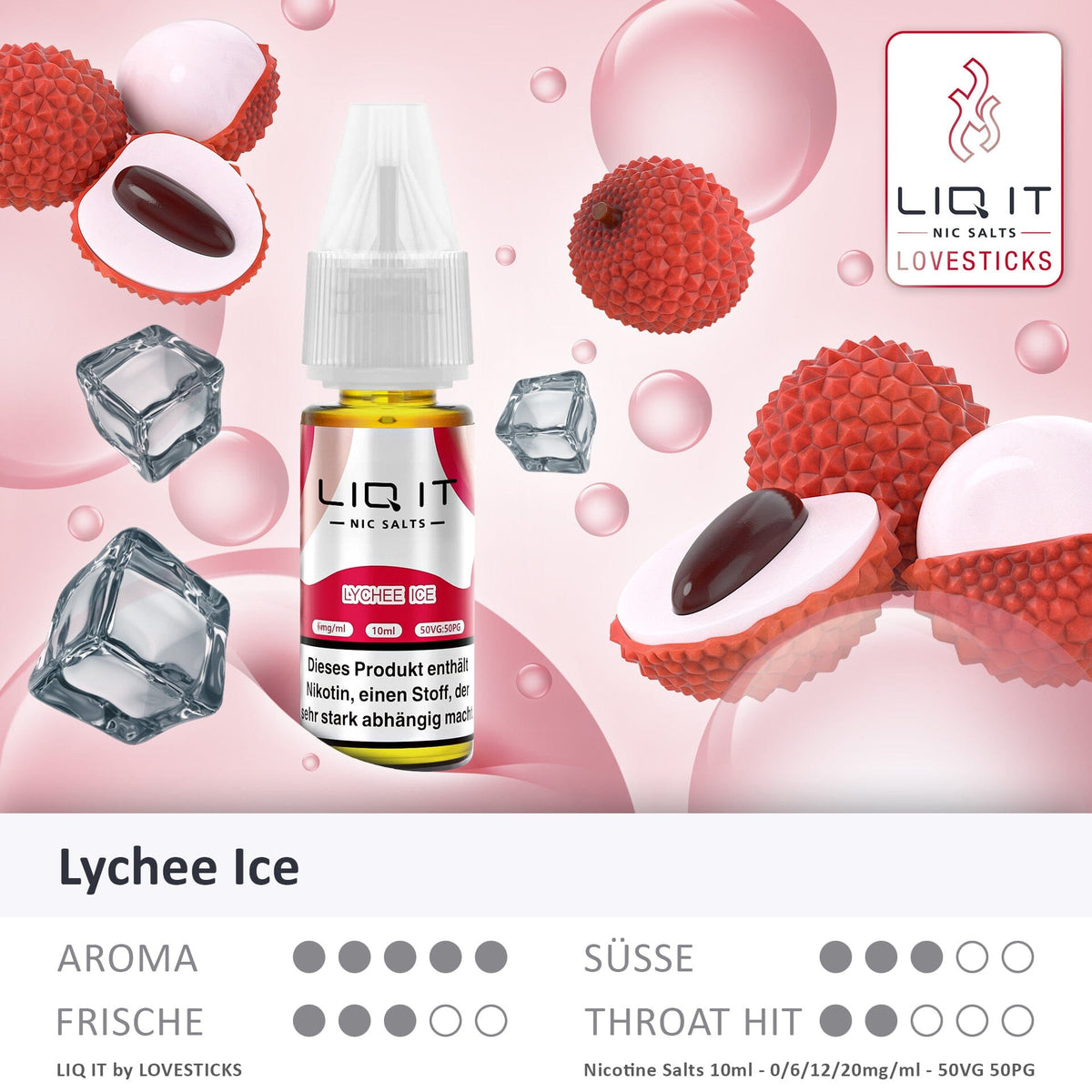 LIQ IT Lychee Ice Liquid mit 6 mg Nikotinsalz, Flasche mit Grafik zu Aroma, Süße, Frische und Throat Hit