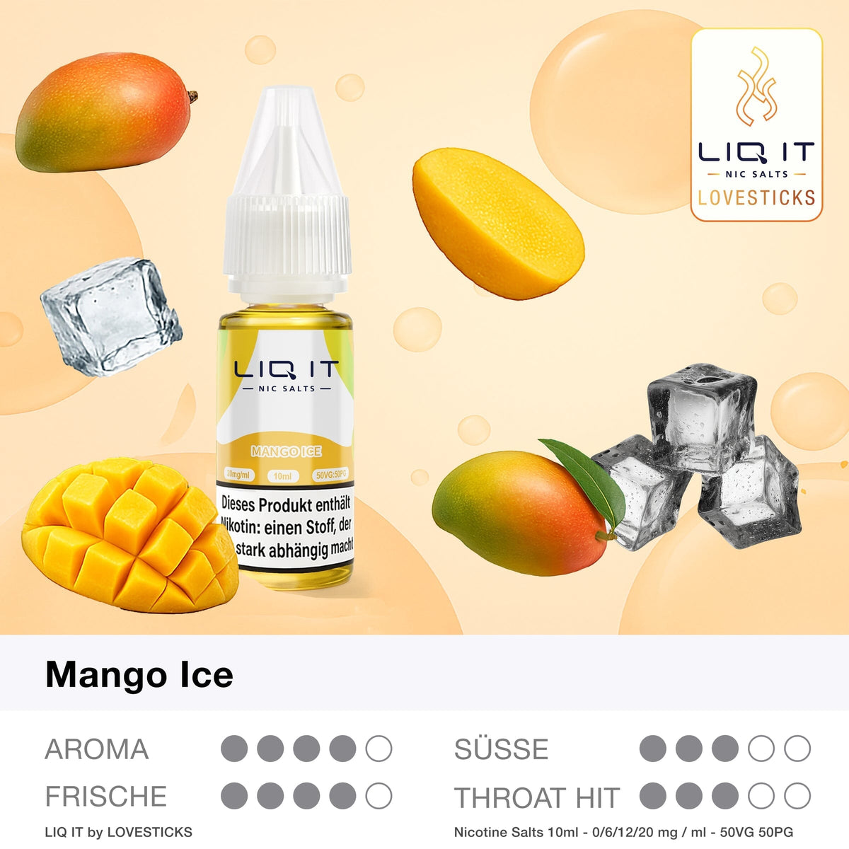 LIQ IT Mango Ice Liquid mit 6 mg Nikotinsalz, Flasche mit Grafik zu Aroma, Süße, Frische und Throat Hit