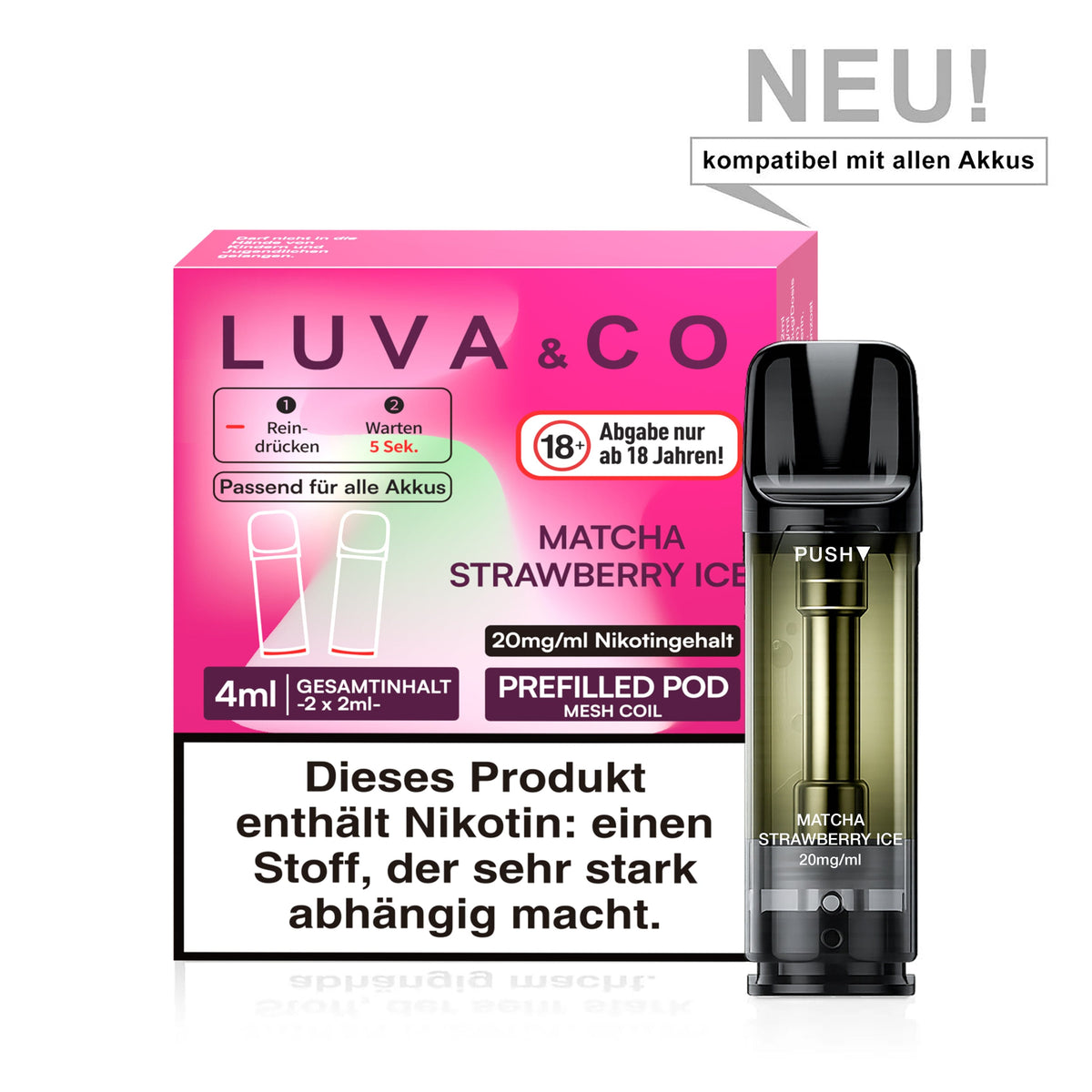 LUVA&CO Prefilled Pod Matcha Strawberry Ice, Packung mit 2 Pods à 2 ml, 20 mg/ml Nikotinsalz, Pod neben Verpackung