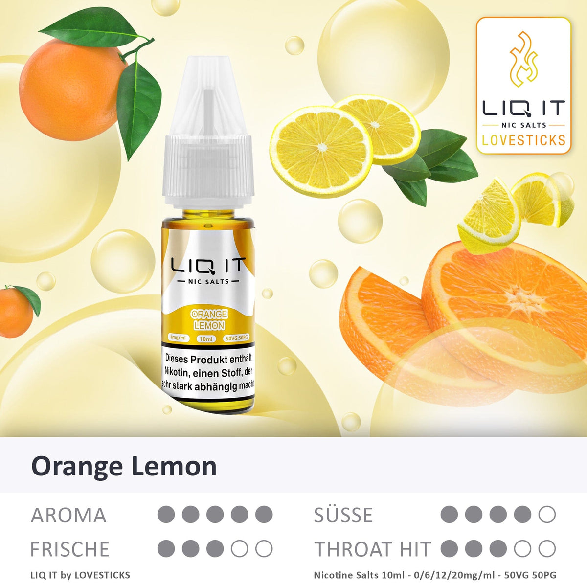 LIQ IT Orange Lemon Liquid mit 6 mg Nikotinsalz, Flasche mit Grafik zu Aroma, Süße, Frische und Throat Hit