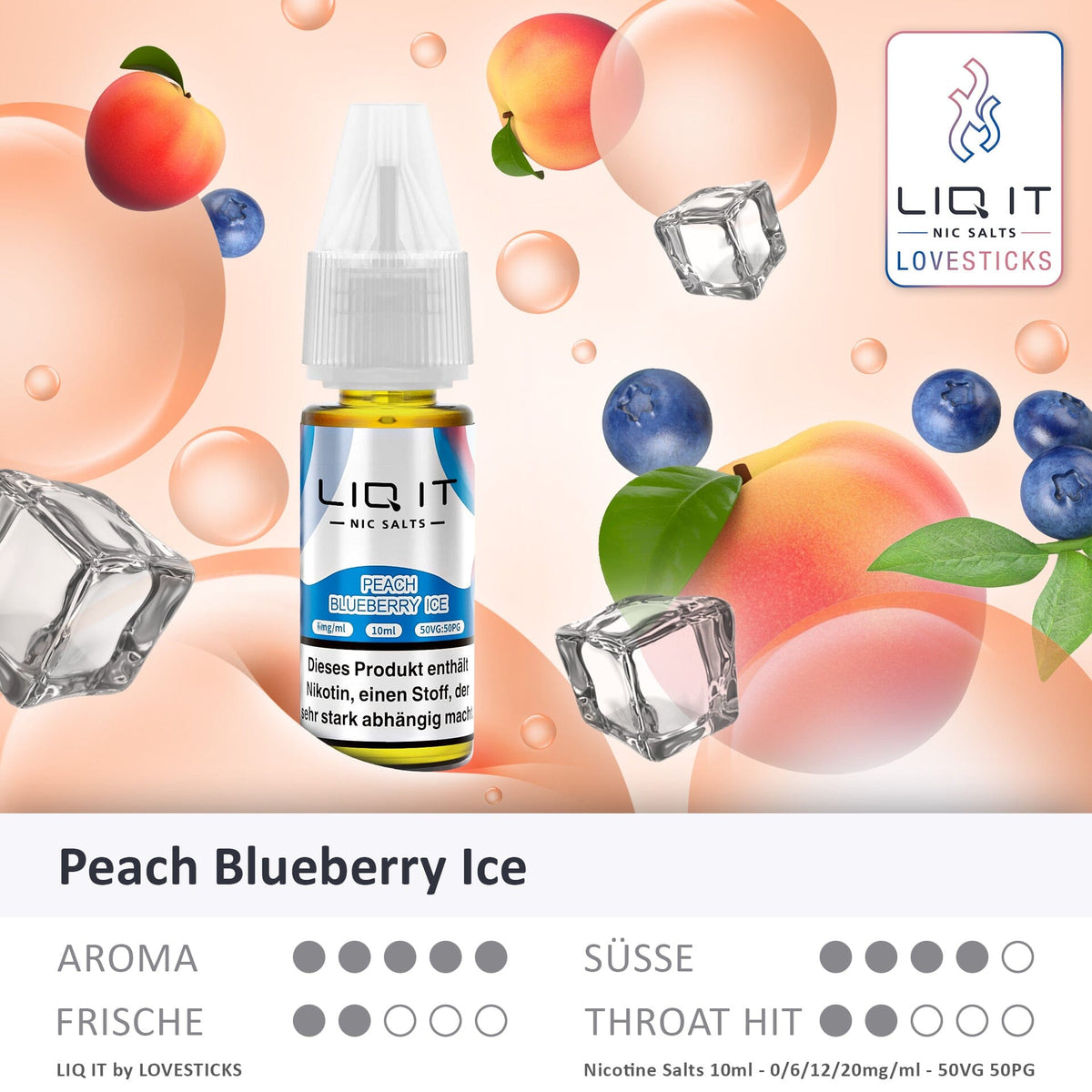 LIQ IT Peach Blueberry Ice Liquid mit 6 mg Nikotinsalz, Flasche mit Grafik zu Aroma, Süße, Frische und Throat Hit