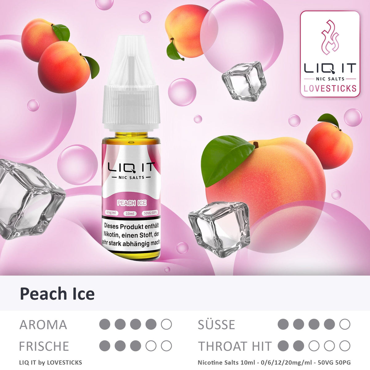 LIQ IT Peach Ice Liquid mit 6 mg Nikotinsalz, Flasche mit Grafik zu Aroma, Süße, Frische und Throat Hit