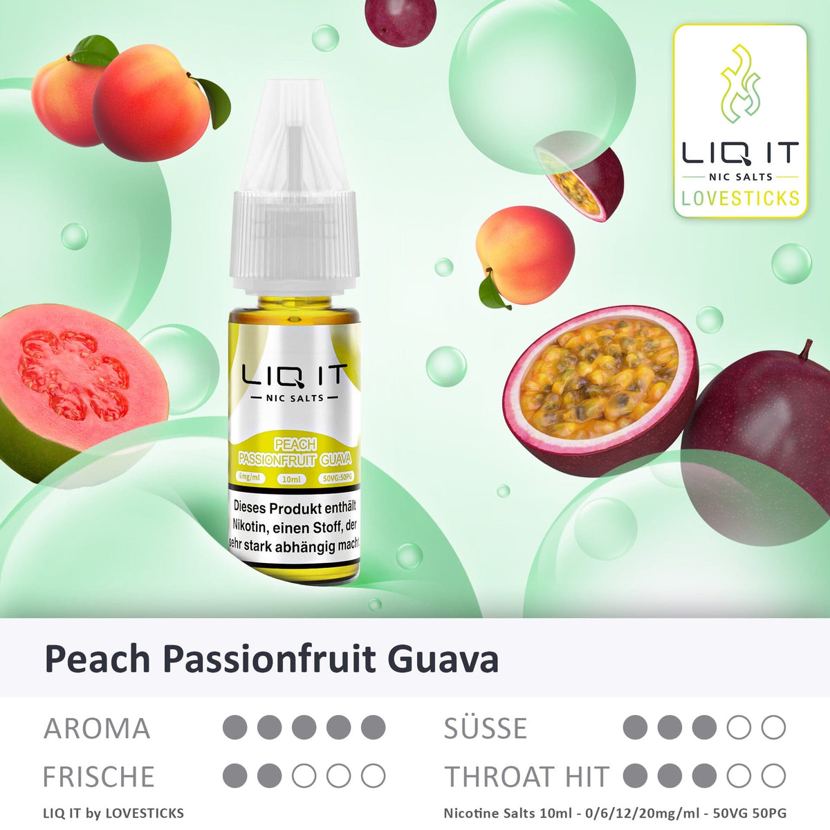 LIQ IT Peach Passionfruit Guava Liquid ohne Nikotin (0 mg), Flasche mit Grafik zu Aroma, Süße, Frische und Throat Hit