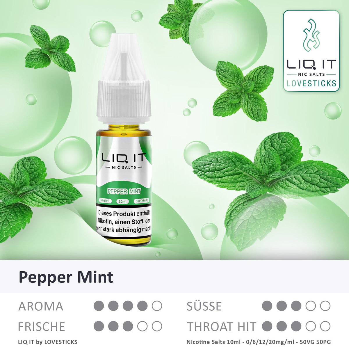 LIQ IT Pepper Mint Liquid ohne Nikotin (0 mg), Flasche mit Grafik zu Aroma, Süße, Frische und Throat Hit