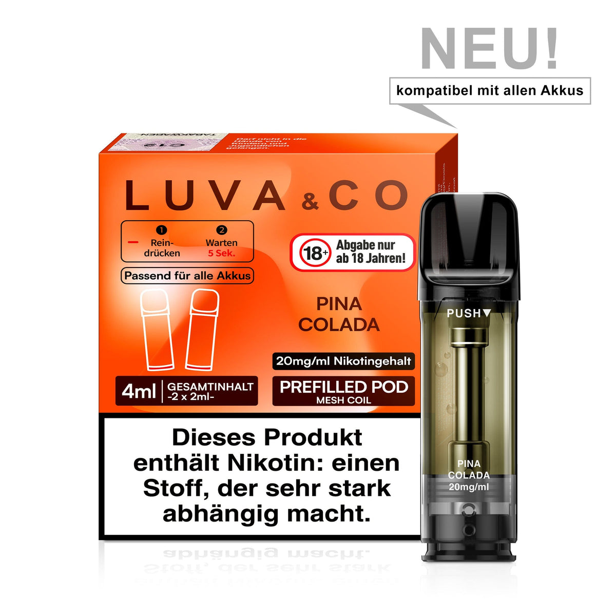 LUVA&CO Prefilled Pod Pina Colada, Packung mit 2 Pods à 2 ml, 20 mg/ml Nikotinsalz, Pod neben Verpackung