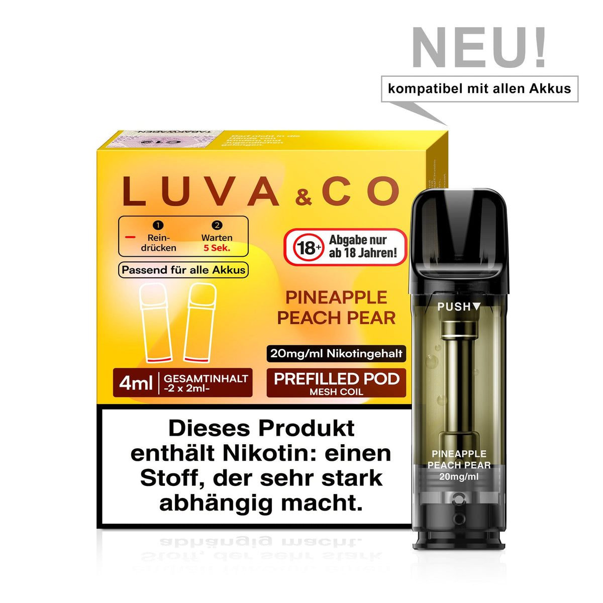 LUVA&CO Prefilled Pod Pineapple Peach Pear, Packung mit 2 Pods à 2 ml, 20 mg/ml Nikotinsalz, Pod neben Verpackung