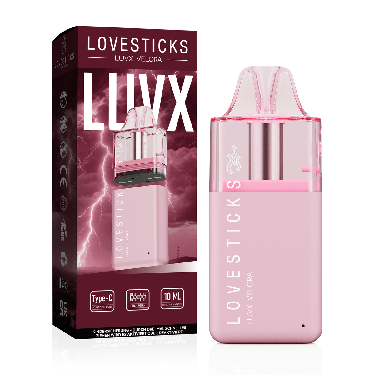 LUVX Velora Pod Kit Pink, nachfüllbares Pod-System für Liquid ohne Nikotin, Gerät neben Verpackung