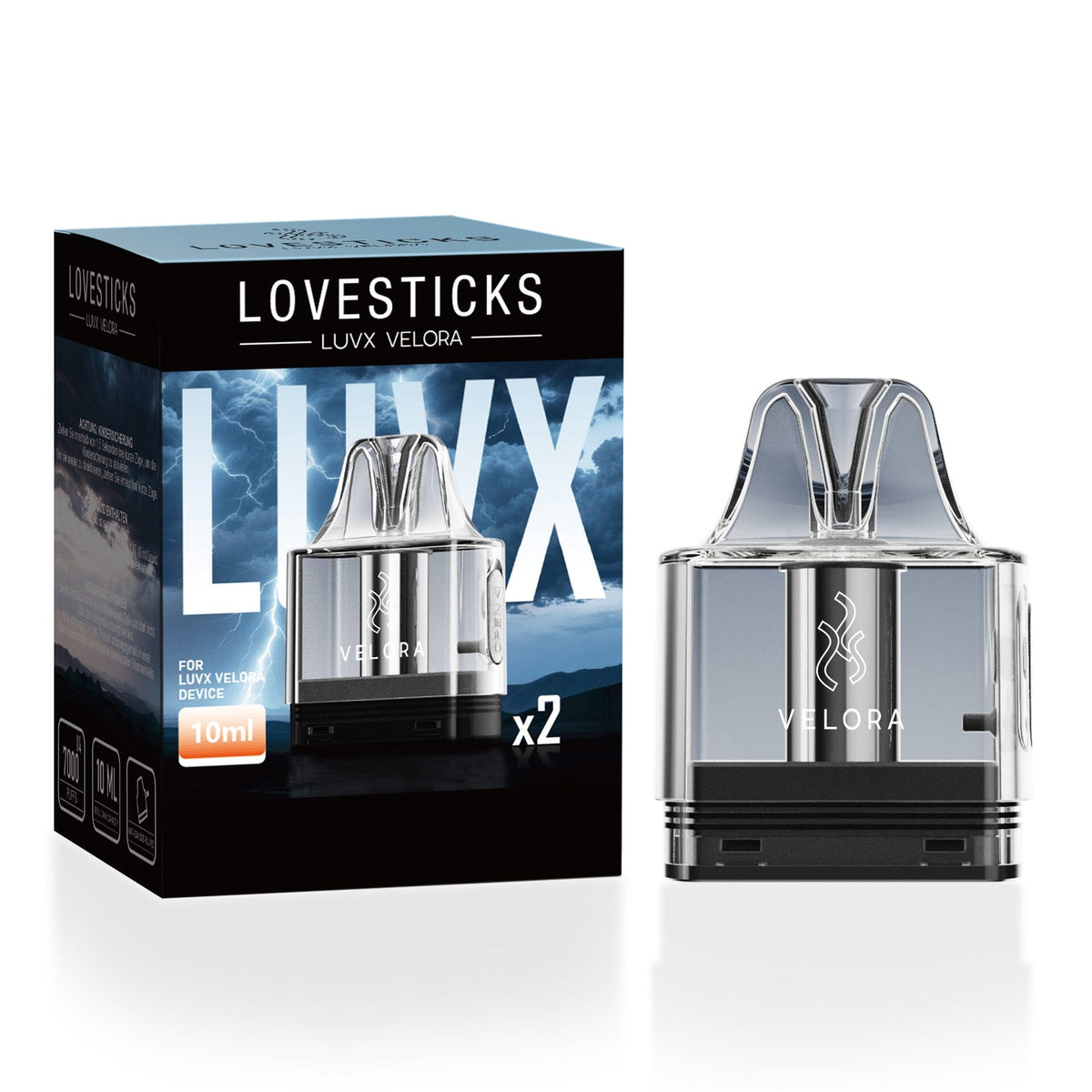 LUVX Velora Pod Transparent, 2 nachfüllbare Ersatzpods à 10 ml neben Verpackung