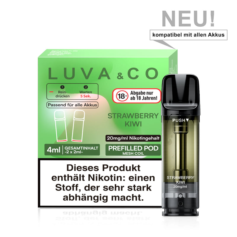 LUVA&CO Prefilled Pod Strawberry Kiwi, Packung mit 2 Pods à 2 ml, 20 mg/ml Nikotinsalz, Pod neben Verpackung