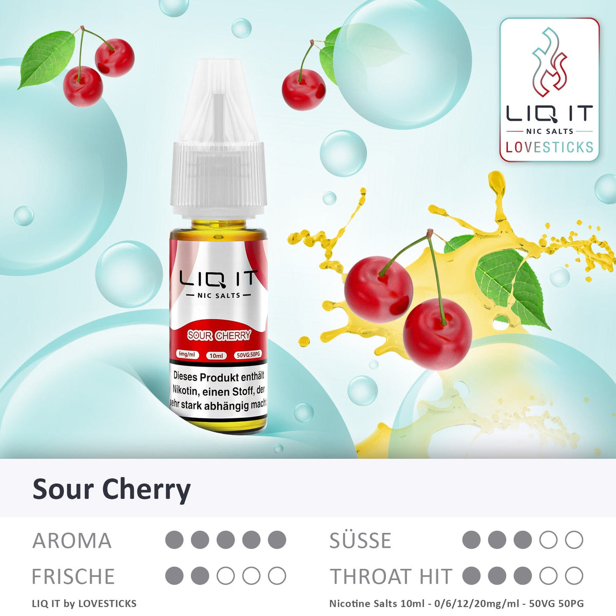 LIQ IT Sour Cherry Liquid ohne Nikotin (0 mg), Flasche mit Grafik zu Aroma, Süße, Frische und Throat Hit