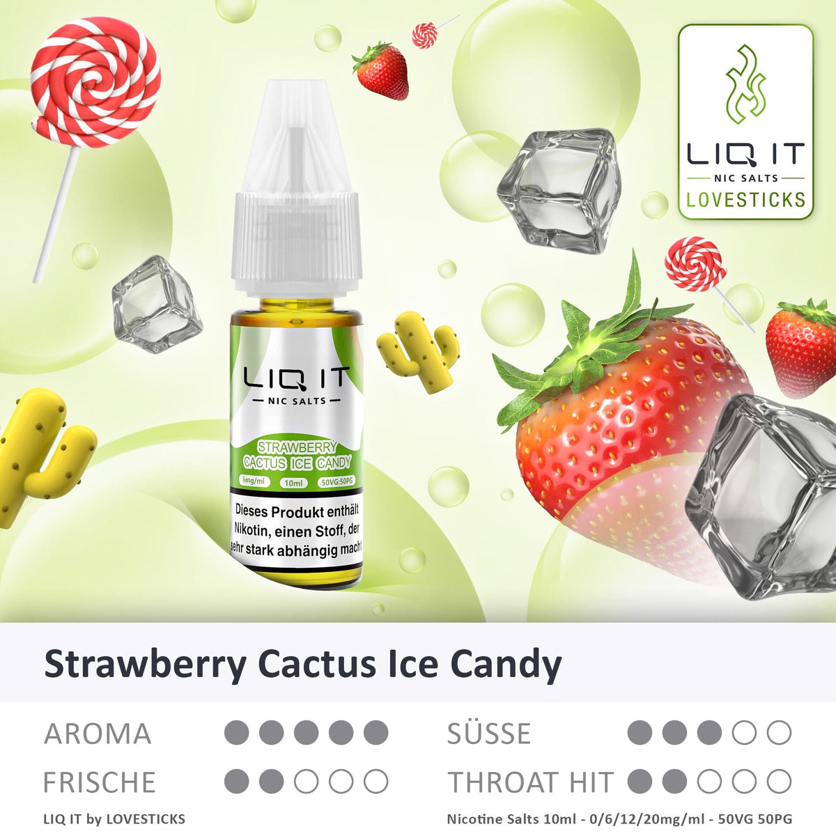 LIQ IT Strawberry Cactus Ice Candy Liquid ohne Nikotin (0 mg), Flasche mit Grafik zu Aroma, Süße, Frische und Throat Hit