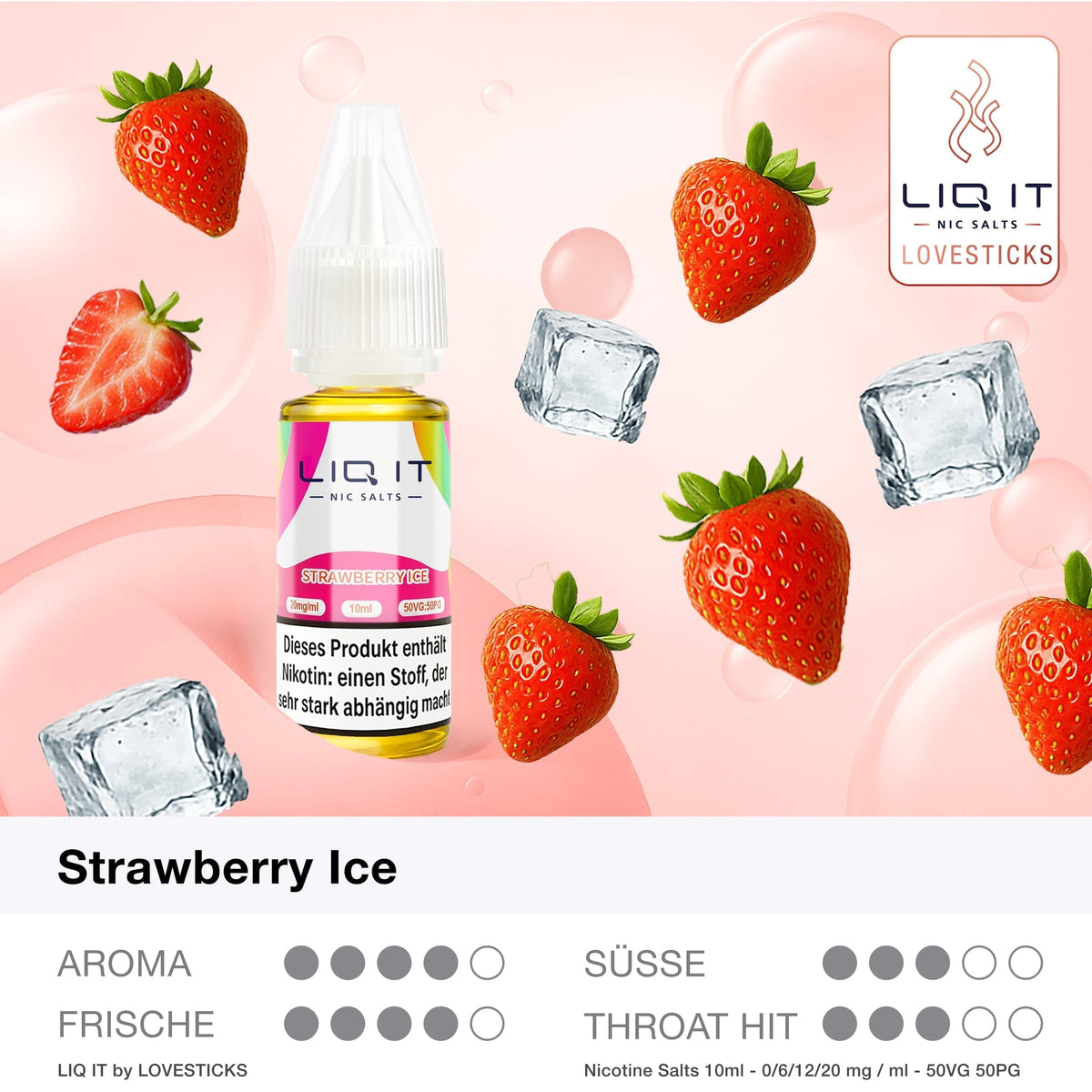 LIQ IT Strawberry Ice Liquid ohne Nikotin (0 mg), Flasche mit Grafik zu Aroma, Süße, Frische und Throat Hit