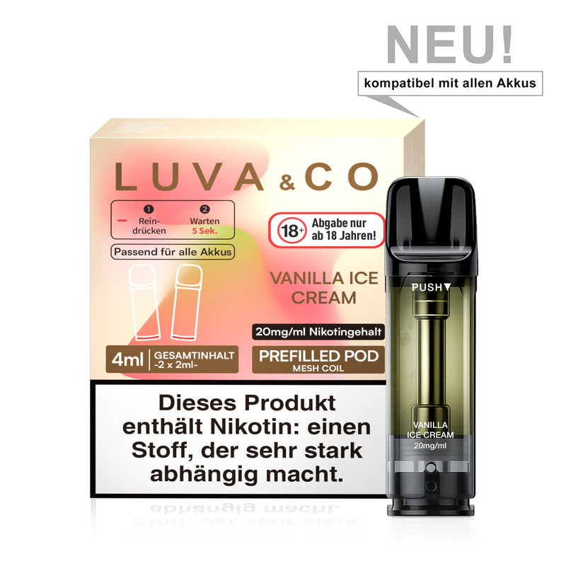 LUVA&CO Prefilled Pod Vanilla Ice Cream, Packung mit 2 Pods à 2 ml, 20 mg/ml Nikotinsalz, Pod neben Verpackung