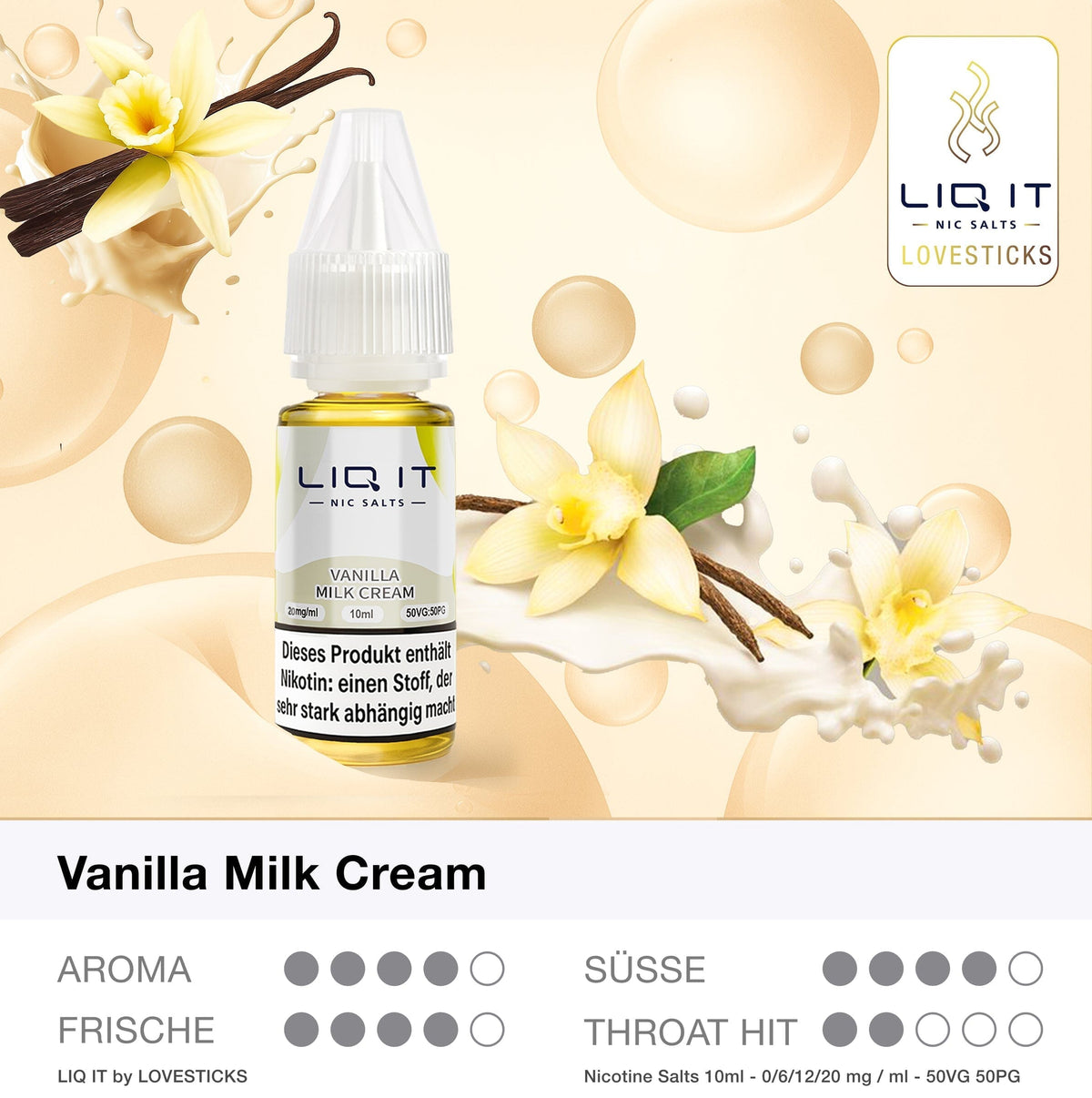 LIQ IT Vanilla Milk Cream Liquid ohne Nikotin (0 mg), Flasche mit Grafik zu Aroma, Süße, Frische und Throat Hit