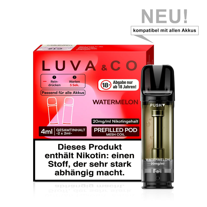 LUVA&CO Prefilled Pod Watermelon, Packung mit 2 Pods à 2 ml, 20 mg/ml Nikotinsalz, Pod neben Verpackung