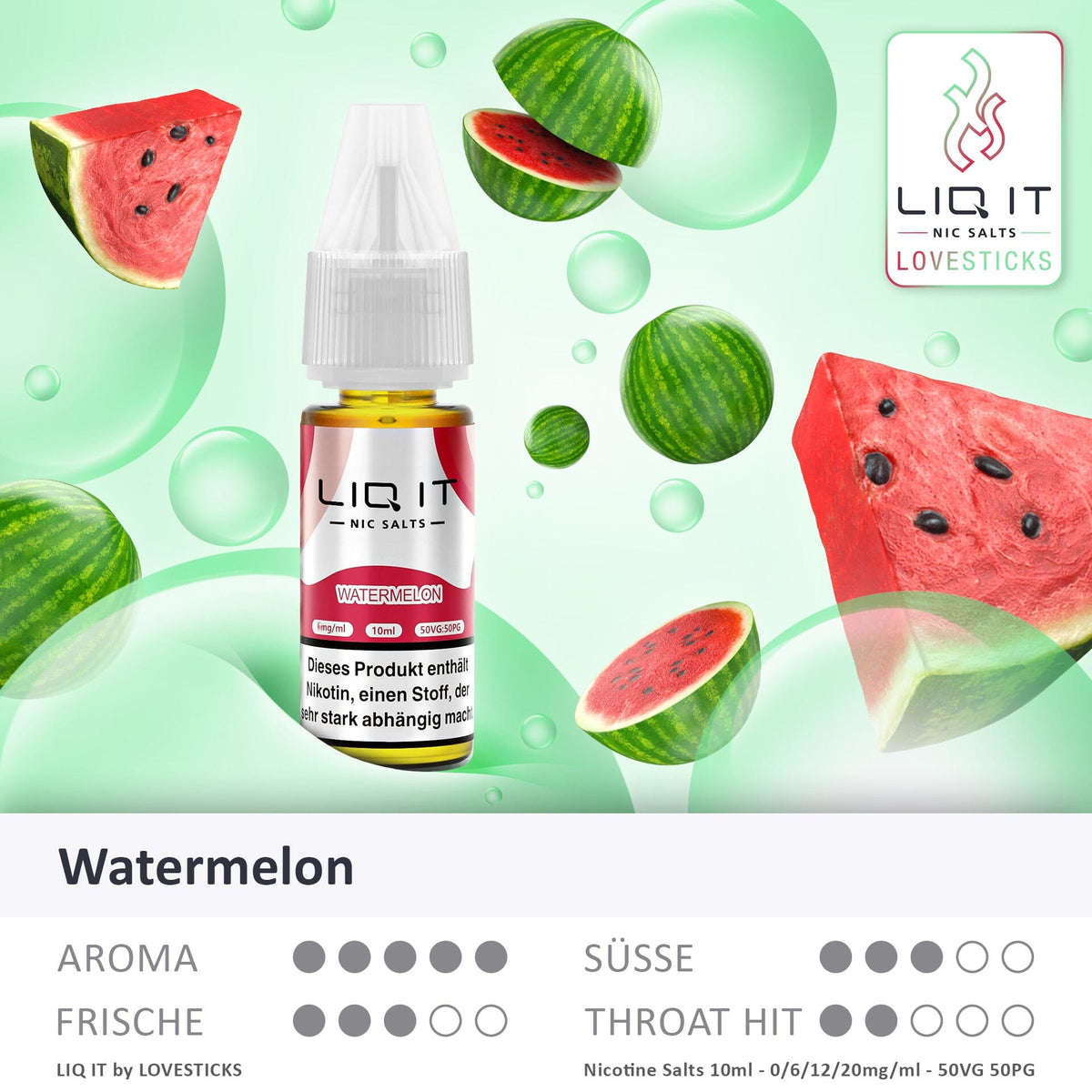 LIQ IT Watermelon Liquid mit 6 mg Nikotinsalz, Flasche mit Grafik zu Aroma, Süße, Frische und Throat Hit
