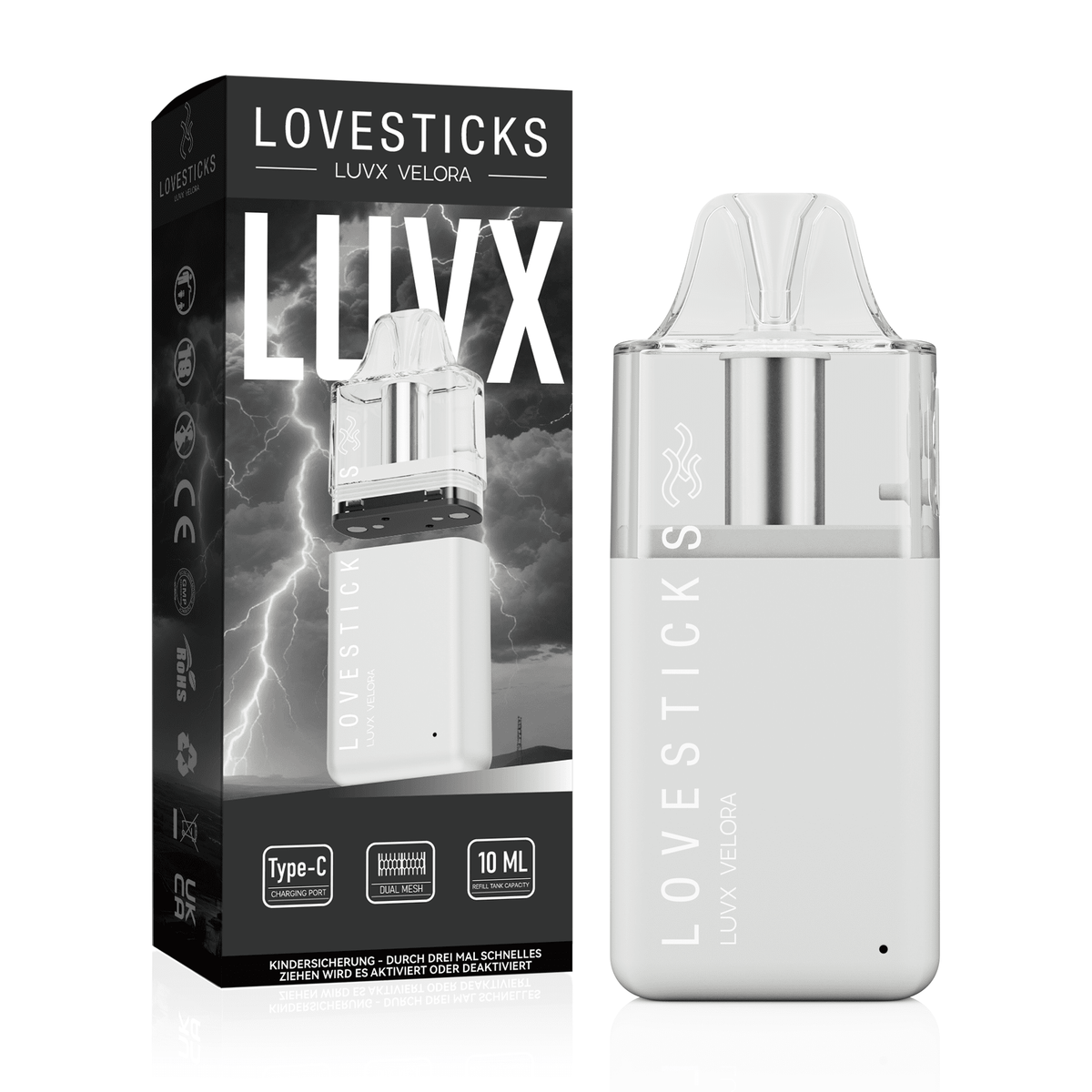 LUVX Velora Pod Kit White, nachfüllbares Pod-System für Liquid ohne Nikotin, Gerät neben Verpackung