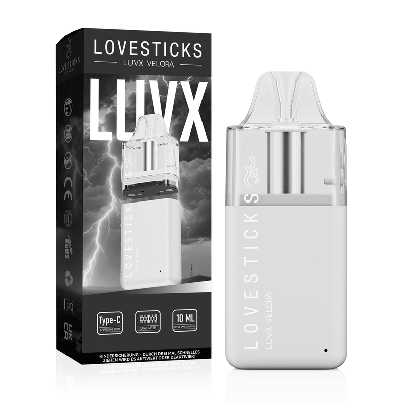 LUVX Velora Pod Kit White, nachfüllbares Pod-System für Liquid ohne Nikotin, Gerät neben Verpackung